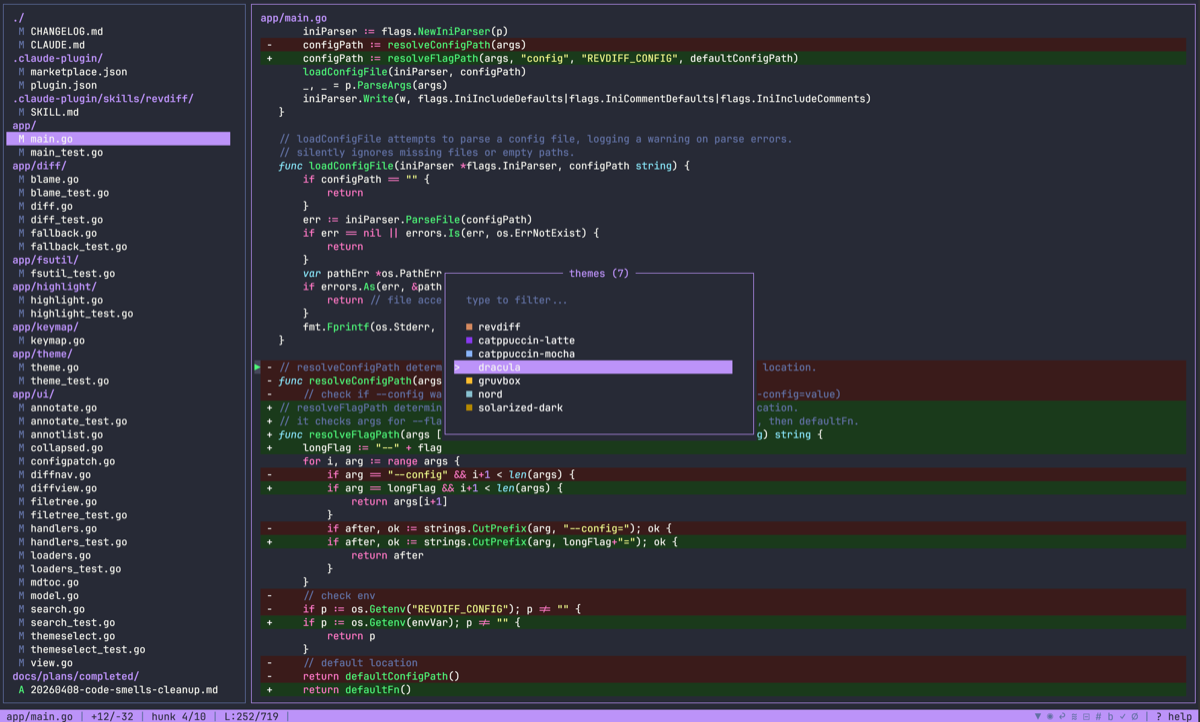 revdiff TUI — theme picker with live preview